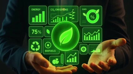 Green energy concept with digital interface and glowing green holograms showing biofuel, CO2 emissions, recycling, sustainability held hands symbolizing environmental protection, clean - Powered by Adobe