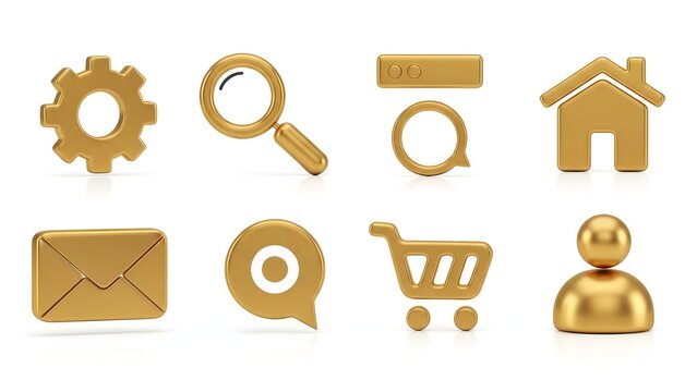 Gold Icons Set: A collection of meticulously crafted gold icons representing essential functions for digital interfaces. The symbols exude elegance and simplicity.