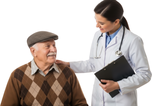 A smiling female doctor places a hand on an elderly male patient's shoulder while holding a clipboard transparent background