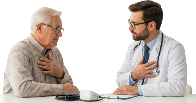 Doctor consults with an elderly man experiencing chest pain at a desk with medical equipment isolate