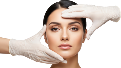 A woman's face is gently framed by gloved hands suggesting medical examination or cosmetic care isolate