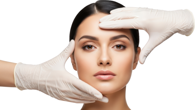A woman's face is gently framed by gloved hands suggesting medical examination or cosmetic care isolate - Powered by Adobe
