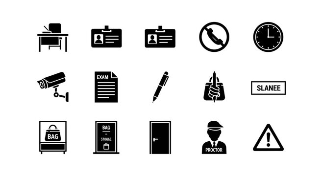 Exam security and monitoring icons set: surveillance, access control, proctoring symbols