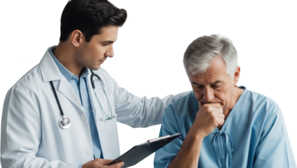 Doctor comforting patient in hospital gown holding clipboard supportive gesture healthcare medical health transparent background