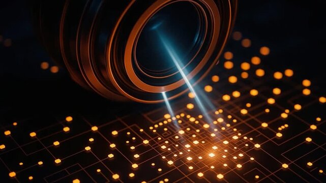 Laser technology circuit board glowing light with electronic components and digital microchip innovation featuring futuristic quantum computing chip and blue laser beams emitting high tech atmosphere