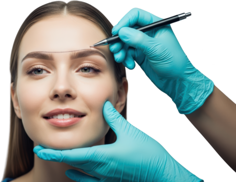 Woman's eyebrows being measured and marked with a pen by a gloved hand isolate Beauty Cosmetic Treatment