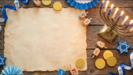 A beautifully arranged flat lay displays a blank, aged parchment sheet centrally, offering ample copy space for custom text or graphics. It is surrounded by an assortment of celebratory items, includi