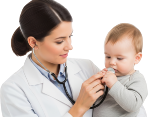 A female doctor in a white coat uses a stethoscope to examine a young baby medical child healthcare examination