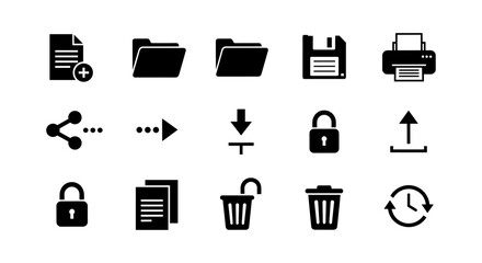 Black silhouette icons of file, folder, printer, sharing, download, lock, upload, and trash