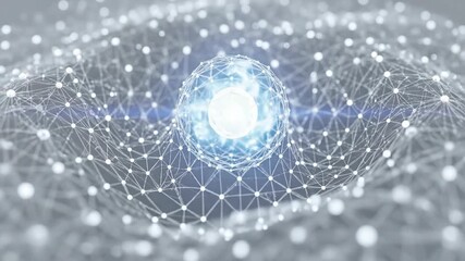 Digital network pulses with glowing central orb expanding light rays. Cloud computing and 5g connectivity visualization. Futuristic data transmission and wireless technology concept. video footage - Powered by Adobe