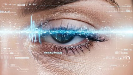 Womans blue eye with animated digital scan. Beautiful gaze glowing with signal lines. Cloud technology and 5g connectivity visualization. video footage video footage - Powered by Adobe