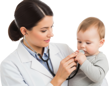 A female doctor in a white coat uses a stethoscope to examine a young baby medical child healthcare examination