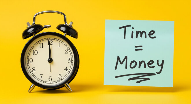 Clock and Time Equals Money Concept on Yellow Background