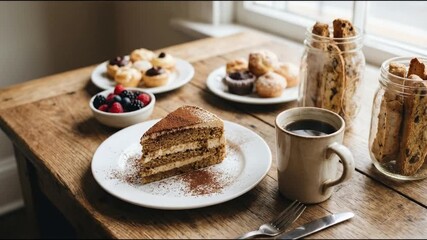 A beautifully arranged spread of sweet treats awaits on a rustic wooden table, bathed in soft natural light. A delectable slice of layered cake, generously dusted with cocoa powder, takes center stage