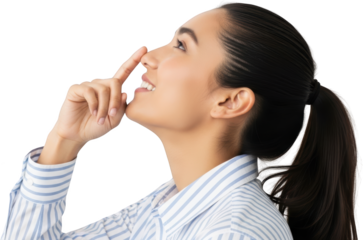 Profile view of a woman with her finger touching her nose smiling wearing a striped shirt isolate Happy
