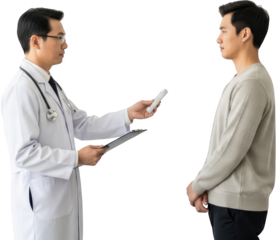 Doctor in a white coat with stethoscope holds clipboard and device facing a patient in a gray sweater isolate