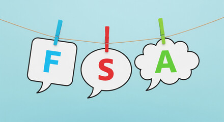 FSA letters in speech bubbles hanging on a string against a blue background