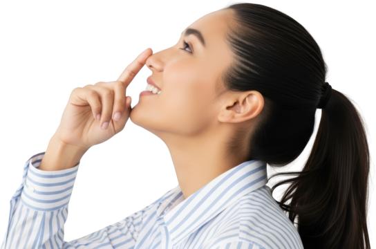 Profile view of a woman with her finger touching her nose smiling wearing a striped shirt isolate Happy - Powered by Adobe