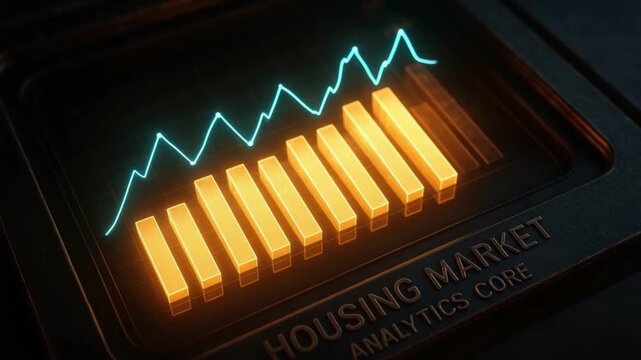 Housing market analysis core concept featuring glowing bar chart and line graph with financial data trends highlighting growth in real estate sector on dark background for market analytics - Powered by Adobe