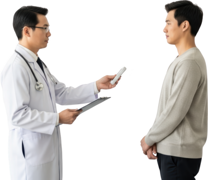 Doctor in a white coat with stethoscope holds clipboard and device facing a patient in a gray sweater isolate