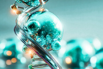 Abstract DNA structure with glowing spheres, science and medical concept. This image shows a close-up of a DNA structure with glowing spheres, perfect for scientific or medical concepts.
