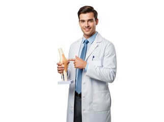 Joint pain education with orthopedic specialist demonstrating knee model to support sports injury clinic marketing materials, joint replacement explanations and patient rehabilitation resources