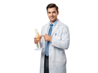 Joint pain education with orthopedic specialist demonstrating knee model to support sports injury clinic marketing materials, joint replacement explanations and patient rehabilitation resources