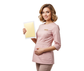 Prenatal care coordinator in maternity practice presenting information sheet to promote pregnancy center services for childbirth classes and antenatal support program educational resources
