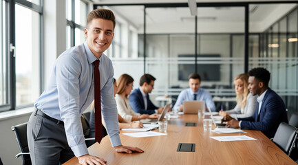Executive leadership training session with team lead presenting at boardroom table about performance review, corporate governance priorities, strategic planning development and management coaching