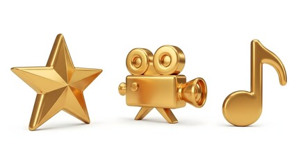 Golden Symbols of Art: A captivating array of golden symbols representing the core elements of the entertainment industry, including a star, a movie camera, and a musical note.