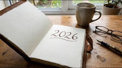 A beautifully composed flat lay showcases an open, rustic leather-bound journal prominently displaying the handwritten year '2026' on its textured, cream-colored pages. Situated on a warm wooden desk,