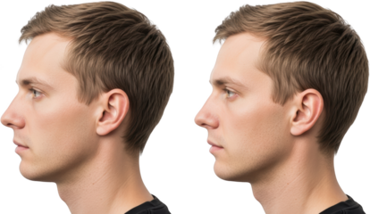 Two profiles of a young Caucasian man's head displaying side views and ear details isolate Male Face
