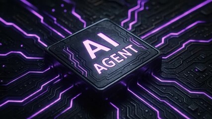 AI agent microchip with glowing purple circuit lines on black motherboard featuring futuristic digital technology, neon light effects, integrated processor, and advanced electronic innovation close up - Powered by Adobe