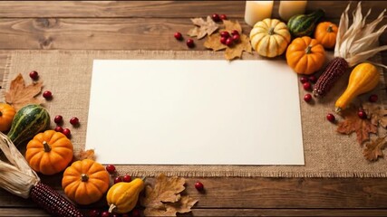 A beautifully composed flat lay showcases a blank white card, offering ample copy space for text or design, centrally framed by a delightful arrangement of autumnal elements. Miniature pumpkins and go