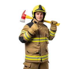 Fire department emergency responder in full protective gear ready to serve the community in incidents for public safety services, emergency careers recruitment advertising and risk management visuals