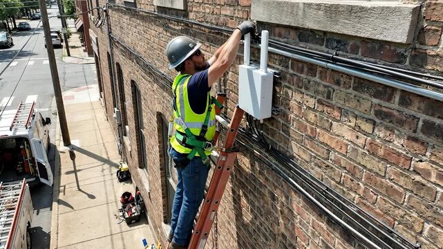 Technician installing 5g network box on urban building. Man in hard hat and vest climbing ladder with cables. Cloud computing infrastructure setup for modern connectivity. video footage video footage