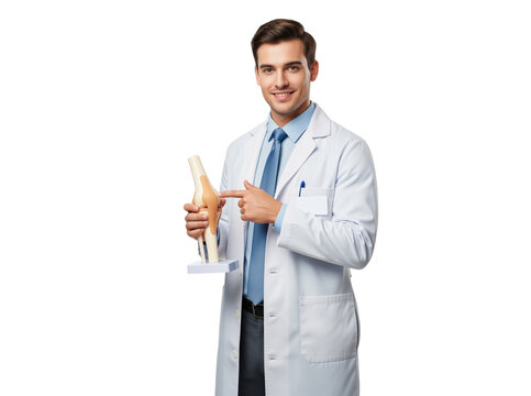 Joint pain education with orthopedic specialist demonstrating knee model to support sports injury clinic marketing materials, joint replacement explanations and patient rehabilitation resources