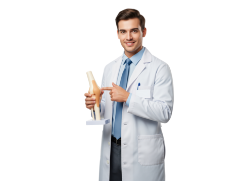 Joint pain education with orthopedic specialist demonstrating knee model to support sports injury clinic marketing materials, joint replacement explanations and patient rehabilitation resources