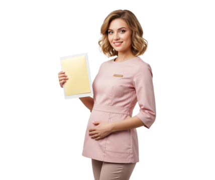 Prenatal care coordinator in maternity practice presenting information sheet to promote pregnancy center services for childbirth classes and antenatal support program educational resources