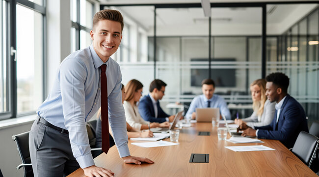 Executive leadership training session with team lead presenting at boardroom table about performance review, corporate governance priorities, strategic planning development and management coaching