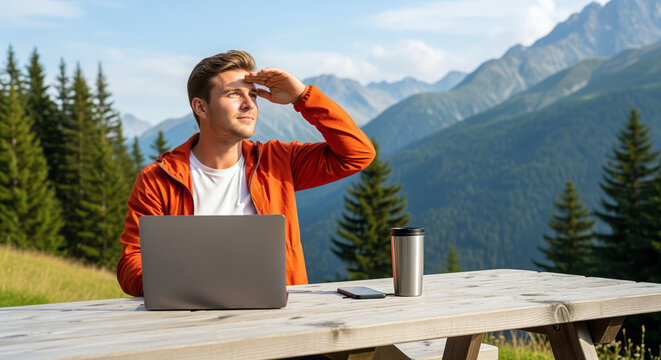 Rural network coverage testing with field engineer using laptop in mountain region to promote telecommunications provider services and remote monitoring solutions in broadband infrastructure reports