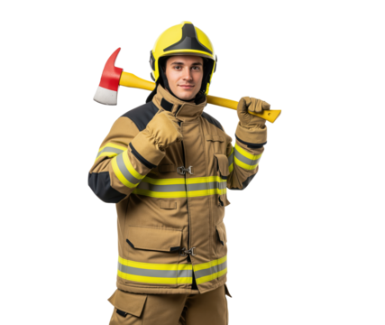 Fire department emergency responder in full protective gear ready to serve the community in incidents for public safety services, emergency careers recruitment advertising and risk management visuals