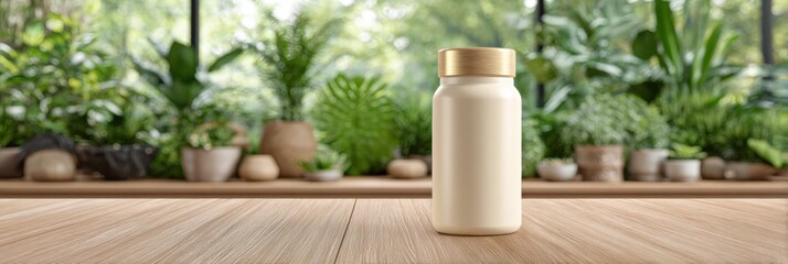 Supplement Bottle Placed on a Wooden Desk in a Blurred Wellness Space With Greenery in the Background