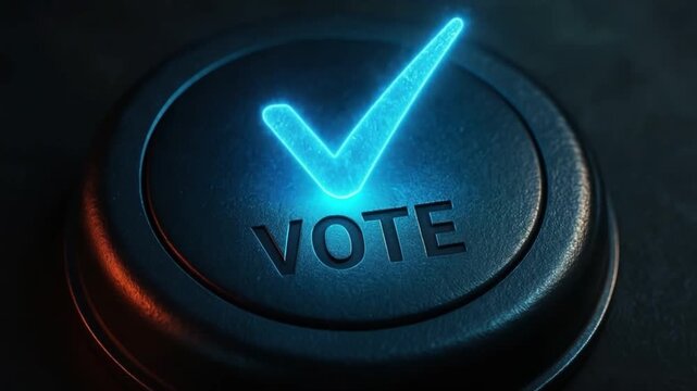 Glowing blue checkmark on round vote button with glowing orange and blue symbol representing approval and decision making in dark setting with subtle metallic texture and lighting