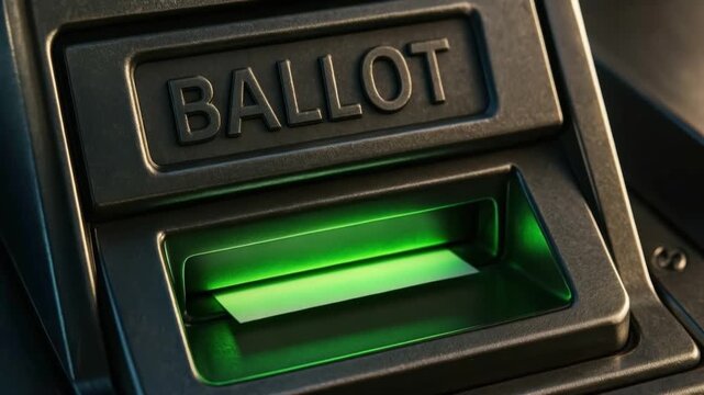 Close up view of metal ballot slot illuminated by green light symbolizing voting, election participation, and political democracy with paper ballot inserted in modern voting process slot