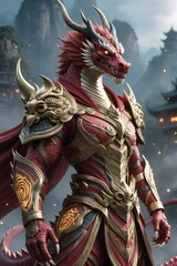 Fototapeta premium A majestic anthropomorphic dragon warrior adorned with elaborate red-and-gold armor, glowing mystical patterns, imposing stance, mythic Chinese fantasy, hyper-detailed 3D cinematic render