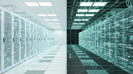 Futuristic data center sequence showing server racks energizing with digital lights. Cloud computing infrastructure evolving to high-speed 5g network visualization. video footage video footage - Powered by Adobe