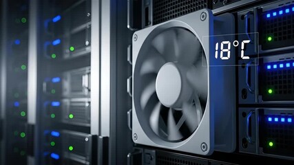 Cooling fan spinning in server rack maintains 18c temperature. Data center thermal management for cloud computing and 5g infrastructure efficiency. video footage video footage - Powered by Adobe
