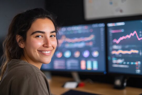 A smiling Latina woman confidently working with financial data on dual computer screens at her desk - Powered by Adobe