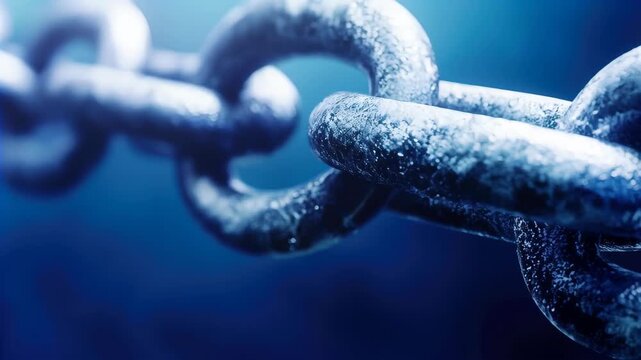 Chain link: A close-up shot of a chain link emphasizes strength, connection, and the intricate details of metal, captured against a deep blue background.